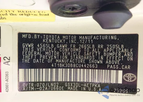 2012 Toyota Avalon Limited from USA, damaged, VIN 4T1BK3DB8CU442663